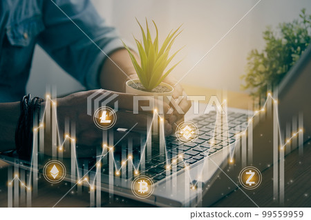 Casual Businessman Hold Office Plants and Cryptocurrency and Stock Bar Chart and Line Graph in Vintage Tone 99559959