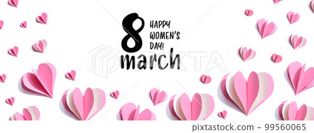 Happy women's day message with pink paper hearts Happy women's day message with pink paper hearts 99560065
