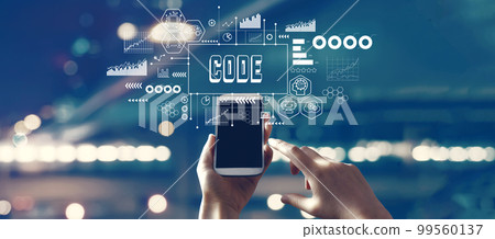 Code theme with person using smartphone 99560137