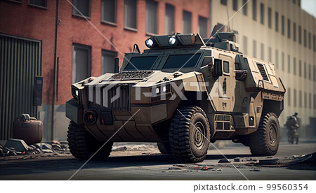 Armored personnel carrier on street of city. 99560354