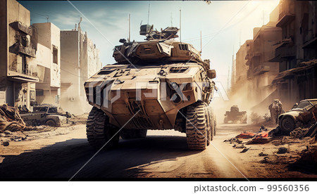 Armored personnel carrier on street of city. 99560356