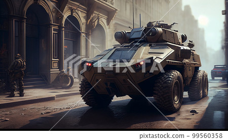 Armored personnel carrier on street of city. 99560358