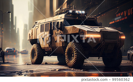 Armored SUV on street of city. 99560362