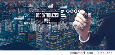 Decentralized Web theme with businessman in city at night 99560367