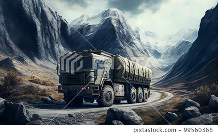 Army lorry truck car on mountain highway 99560368