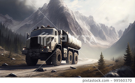 Army lorry truck car on mountain highway 99560370