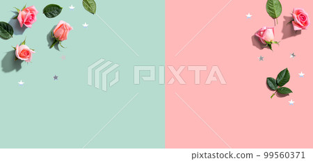 Pink roses with green leaves overhead view Pink roses with green leaves overhead view 99560371
