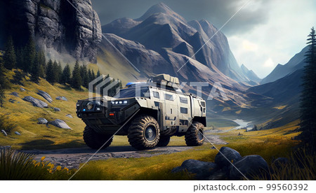 Army lorry truck car on mountain highway 99560392