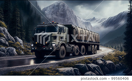 Army lorry truck car on mountain highway 99560406