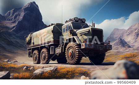Army lorry truck car on mountain highway Army lorry truck car on mountain highway 99560409