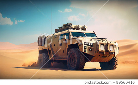 Army SUV offroading in sund desert Army SUV offroading in sund desert 99560416