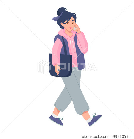 Flat cartoon young woman holding a smartphone and talking on the go. Vector illustration of a modern girl with mobile phone in casual oversized outfit isolated on white background. 99560533
