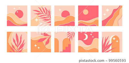 Set of abstract minimalistic square backgrounds in mid century style. Vector illustration with mountain landscape, natural shapes, arches, sun, moon, stars and palm branches in pink and sand colors. Set of abstract minimalistic square backgrounds in mid century style. Vector illustration with mountain landscape, natural shapes, arches, sun, moon, stars and palm branches in pink and sand colors. 99560593