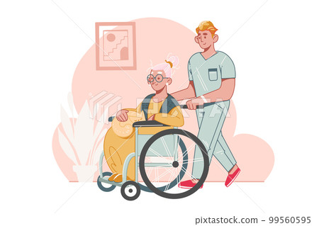 Elderly Care Concept. Social worker or volunteer is helping an older woman in a wheelchair.  Help for seniors with disabilities  in a nursing home. Assistance to senior people at home. 99560595