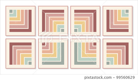 Set of trending abstract mountain landscapes with river, sun and moon, organic natural forms in a mid-century style.  99560629