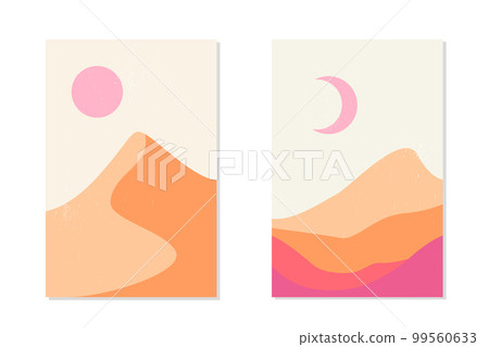 Set of trending abstract mountain landscapes with river, sun and moon, organic natural forms in a mid-century style.  99560633