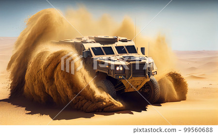 Army SUV offroading in sund desert Army SUV offroading in sund desert 99560688