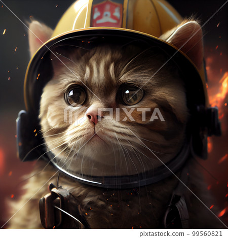Cat dressed as firefighter. Fireman uniform and helmet. 99560821