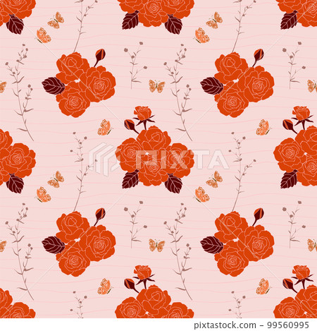 Blooming orange rose garden seamless pattern on pastel pink background 99560995