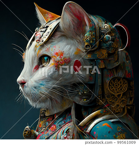 Portrait of a cat in fantasy armor from Japanese culture. 99561009