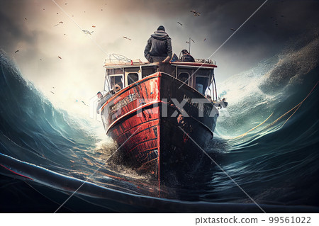 Small boat full of immigrants in stormy Mediterranean Sea. 99561022