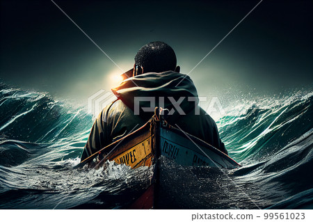 Small boat full of immigrants in stormy Mediterranean Sea. Small boat full of immigrants in stormy Mediterranean Sea. 99561023