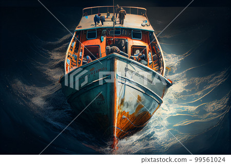 Small boat full of immigrants in stormy Mediterranean Sea. Small boat full of immigrants in stormy Mediterranean Sea. 99561024