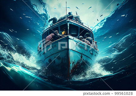 Small boat full of immigrants in stormy Mediterranean Sea. Small boat full of immigrants in stormy Mediterranean Sea. 99561028