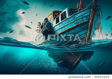 Small boat full of immigrants in stormy Mediterranean Sea. 99561029