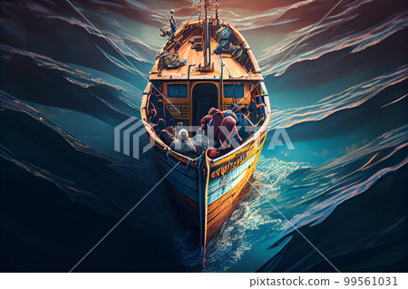 Small boat full of immigrants in stormy Mediterranean Sea. Small boat full of immigrants in stormy Mediterranean Sea. 99561031