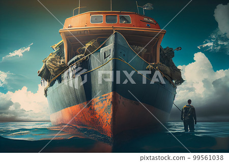 Small boat full of immigrants in stormy Mediterranean Sea. Small boat full of immigrants in stormy Mediterranean Sea. 99561038