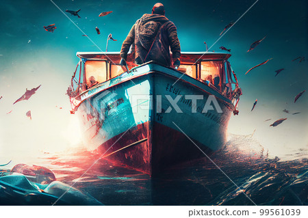 Small boat full of immigrants in stormy Mediterranean Sea. Small boat full of immigrants in stormy Mediterranean Sea. 99561039