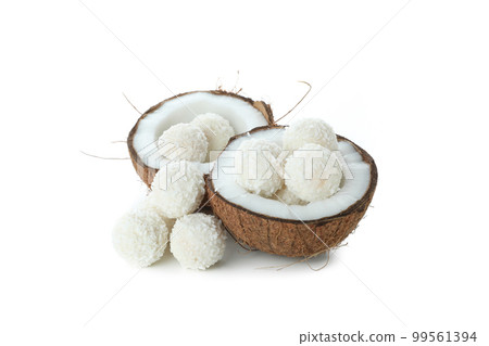 Concept of tasty sweets isolated on white background, coconut candies Concept of tasty sweets isolated on white background, coconut candies 99561394