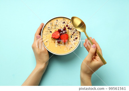 Concept of delicious food with smoothie with different ingredients, top view Concept of delicious food with smoothie with different ingredients, top view 99561561