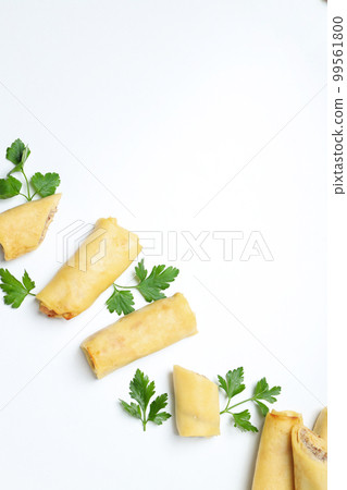 Concept of tasty food, thin pancakes with filling, space for text 99561800