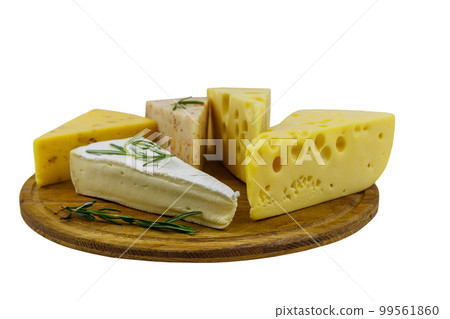 Set of various types of cheese on wooden cutting board isolated on white background Set of various types of cheese on wooden cutting board isolated on white background 99561860