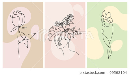 Abstract female portrait and flowers, line art. Set of posters, greeting cards, wall art. Black line on an abstract background in pastel colors. Abstract female portrait and flowers, line art. Set of posters, greeting cards, wall art. Black line on an abstract background in pastel colors. 99562104