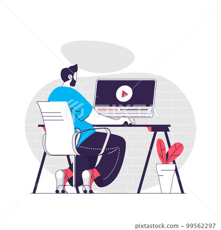 Video tutorial web concept. Man learning remotely watching webinars. Online education people scene. Flat characters design for website. Vector illustration for social media promotional materials 99562297