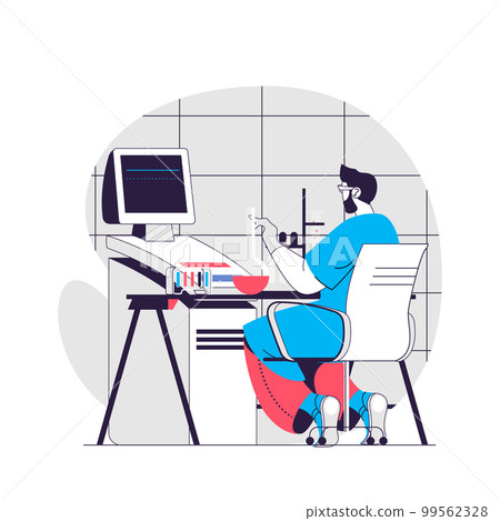 Science Research web concept. Scientist makes chemical experiment in flask. People at laboratory scene. Flat characters design for website. Vector illustration for social media promotional materials Science Research web concept. Scientist makes chemical experiment in flask. People at laboratory scene. Flat characters design for website. Vector illustration for social media promotional materials 99562328