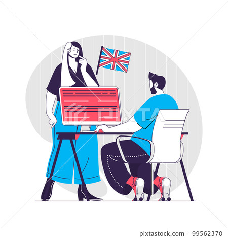 Language course web concept. Man and woman learning English online from home. Education people scene. Flat characters design for website. Vector illustration for social media promotional materials 99562370