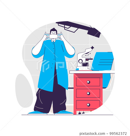 Laboratory web concept. Man puts on mask, testing at microscope in lab. Scientific research people scene. Flat characters design for website. Vector illustration for social media promotional materials 99562372