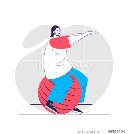 Fitness web concept. Woman exercising on ball, doing pilates. Sport exercising at gym people scene. Flat characters design for website. Vector illustration for social media promotional materials 99562394