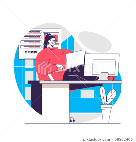 DevOps web concept. Woman programs, writes code, works in office. Development operations people scene. Flat characters design for website. Vector illustration for social media promotional materials 99562406