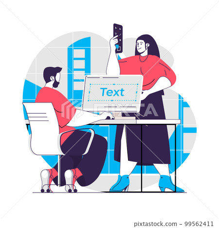 Design Agency web concept. Team develops graphics and fonts. Digital products creation people scene. Flat characters design for website. Vector illustration for social media promotional materials 99562411