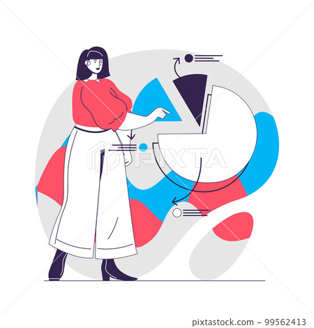Data analysis web concept. Woman presenting and analyzing diagram. Business analytics people scene. Flat characters design for website. Vector illustration for social media promotional materials Data analysis web concept. Woman presenting and analyzing diagram. Business analytics people scene. Flat characters design for website. Vector illustration for social media promotional materials 99562413