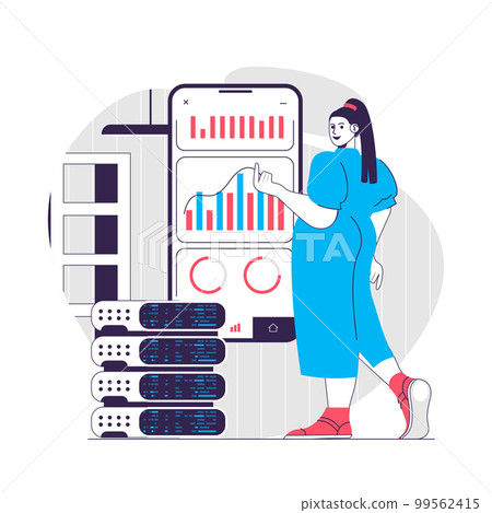Data analysis web concept. Woman works in server room of datacenter. Business analytics people scene. Flat characters design for website. Vector illustration for social media promotional materials 99562415