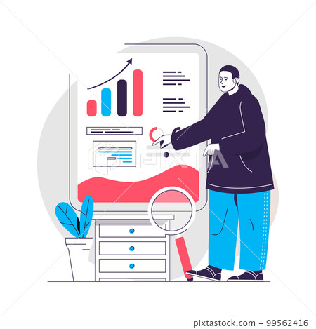 Data analysis web concept. Man analyzes datum, makes presentation. Business analytics people scene. Flat characters design for website. Vector illustration for social media promotional materials 99562416