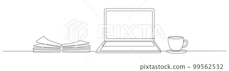 Continuous line drawing of laptop open book and coffee cup. Continuous line drawing of laptop open book and coffee cup. 99562532