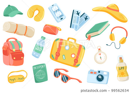 Travel accessory cute stickers isolated set. Collection of smartphone, ticket, book, headphones, suitcase, compass, sunscreen, camera, passport, backpack. Vector illustration in flat cartoon design Travel accessory cute stickers isolated set. Collection of smartphone, ticket, book, headphones, suitcase, compass, sunscreen, camera, passport, backpack. Vector illustration in flat cartoon design 99562634