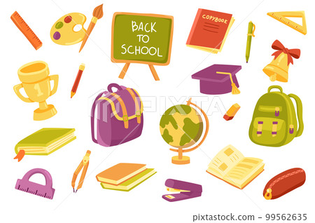School supply cute stickers isolated set. Collection of ruler, paints, chalkboard, notebook, pen, pencil, backpack, globe, textbook, compasses, stapler. Vector illustration in flat cartoon design School supply cute stickers isolated set. Collection of ruler, paints, chalkboard, notebook, pen, pencil, backpack, globe, textbook, compasses, stapler. Vector illustration in flat cartoon design 99562635